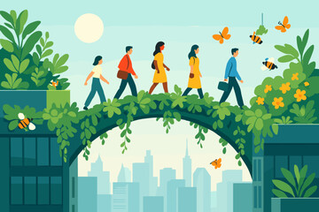 People walk across a bridge surrounded by plants and flowers in a city during a sunny day