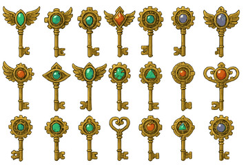 Decorative keys with unique shapes and colors arranged in a grid display for creative inspiration