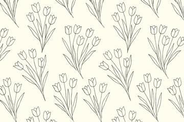 Pattern of tulips arranged on a light background shows flowers and leaves in a simple design suitable for various uses