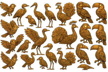 Bird designs in various styles show different shapes and details in a creative art collection of birds and feathers