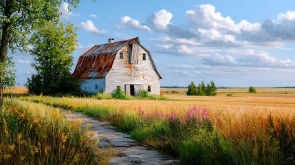 An abandoned wooden farm house stands in a rural landscape of green grass and red barn buildings under a blue summer sky with clouds in the country nature