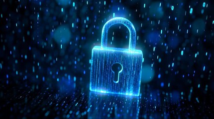 A glowing blue digital padlock symbolizing cybersecurity and data protection in a futuristic abstract background. - Powered by Adobe