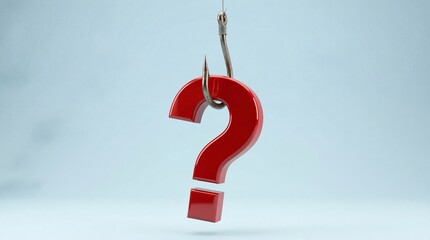 A red question mark hanging from a fishing hook against a light blue background