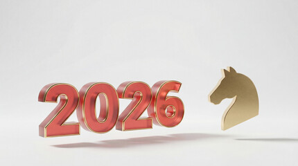 Bold 3D 2026 in red and gold with a sleek golden horse head, symbolizing the Year of the Horse. New Year celebrations, future concepts, and astrological content.