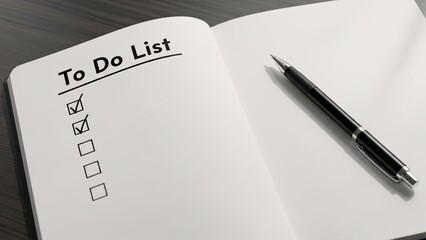 Black Pen Resting on Open To Do List Notebook with Checkmarks and Empty Tasks for Planning and Organization in Office or Home Setting