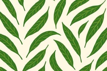 Fototapeta premium Pattern of green leaves on light background with varied arrangements and directions under bright lighting conditions
