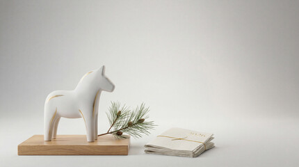 New Year 2026. Dala Horse, Pine Branch and Elegant Future Planning. Ideal for holiday greetings, New Year planning, or celebrating Scandinavian design.