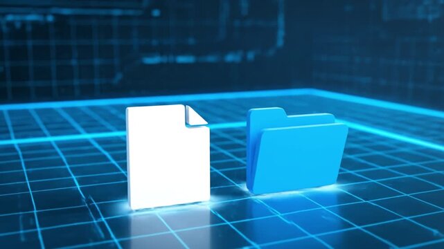 White document icon blue folder icon digital grid representing file storage and data organization modern technology environment conveying efficiency and connectivity blue neon grid floor with