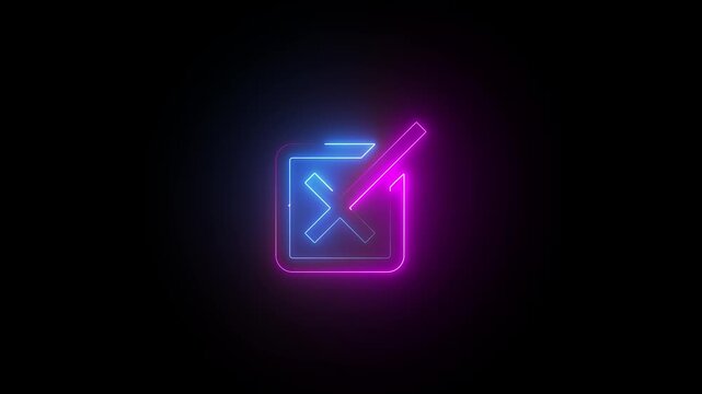 Neon right button icon animation on black background. Neon glowing tik button on black background