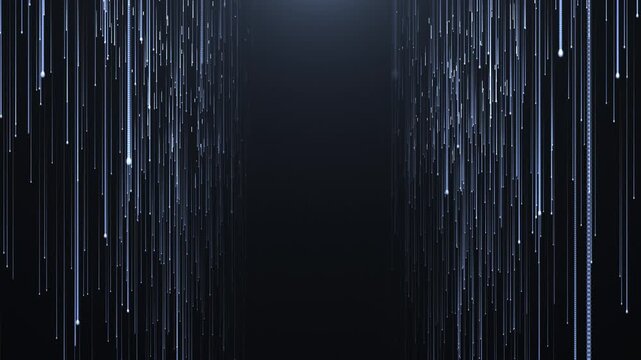 Blue vertical light streaks fall like digital rain on a dark background, creating a futuristic abstract motion backdrop with depth and elegant glow.