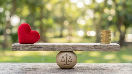 Red heart and gold coins balanced on a wooden scale in a serene outdoor setting