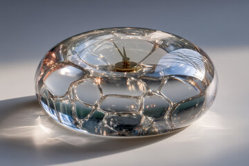 Clear desk clock with pressed dome, warped reflections and minimalist tabletop display