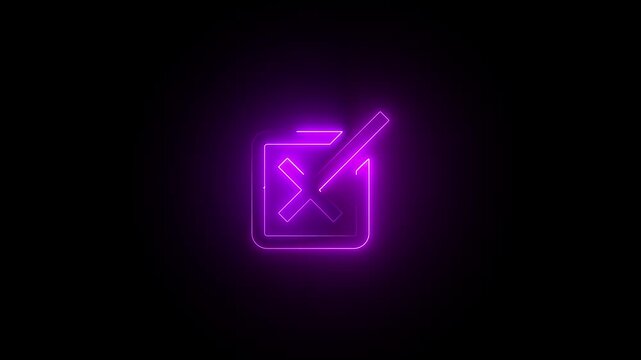 Neon right button icon animation on black background. Neon glowing tik button on black background.