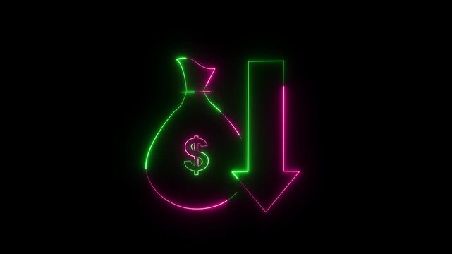 Neon money bag with dollar symbol and downward arrow animation in pink and green on black background, finance crisis, economic downturn, financial loss, or currency depreciation