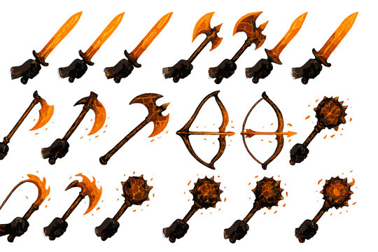 Various weapon designs featuring swords, axes, bows, and maces in a simple style for game concept art