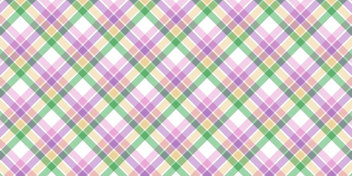 Seamless diagonal plaid pattern in pastel purple, green, and yellow. Elegant spring gingham background for textile, wrapping paper, and digital wallpaper. Classic checkered fabric design.