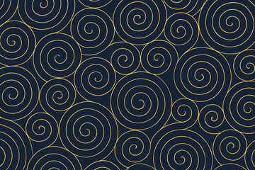 Fototapeta premium Spirals in golden lines against a dark blue background create a geometric pattern for design and decoration