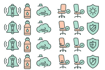 Symbols showing notifications, hydration, weather, and safety in a simple graphic layout during daytime hours