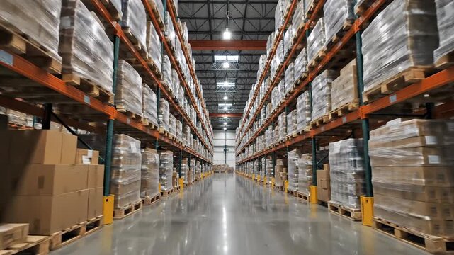 Commercial warehouse interior with tall shelving and packed goods