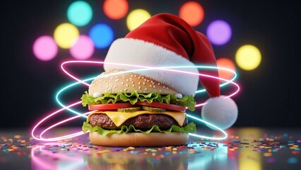 Festive Burger with Santa Hat and Colorful Lights.
