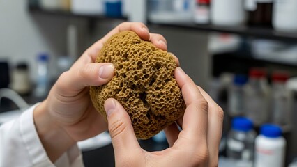 Close up of hands holding a natural sponge in a lab setting.