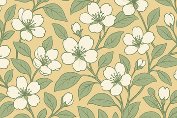 Obraz premium Floral pattern with white flowers and green leaves on a yellow background in a simple design