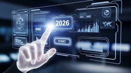 A hand interacts with a futuristic holographic display showing the year 2026
