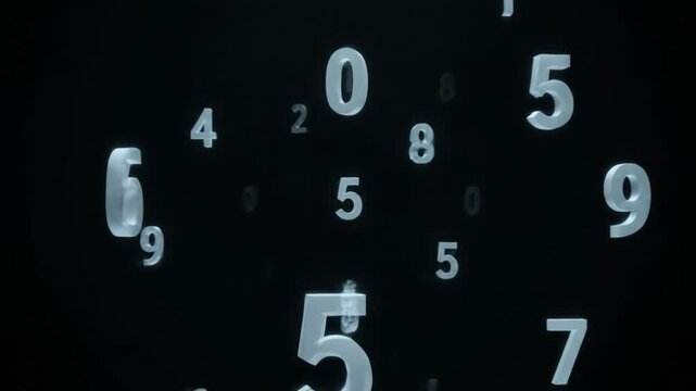 Floating translucent numbers glow against dark black background forming cool blue abstract numeric pattern with glowing seven and glowing eight bokeh, floating numeral composition, mysterious digital