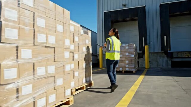 Commercial truck and cargo loading dock worker checking inventory