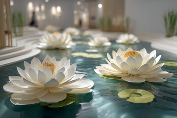 Layered paper lotus pond with circular pads and recessed channels, clean white backdrop