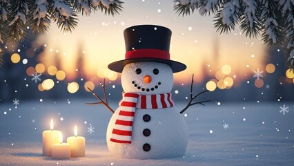 Cheerful Snowman by Candlelit Winter Scene.