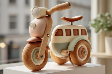 Soft-Body 3D Sustainable Transportation Toys Featuring Rounded Bike and Tram Icons on Pedestal