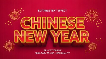 Editable text effect for chinese new year celebration with firework decorations in red background