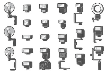 Collection of various camera flash equipment displayed on a simple background for photography enthusiasts and professionals