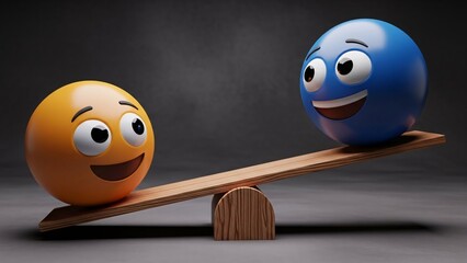 Playful Orange and Blue Balls Balancing on a Seesaw Scene.