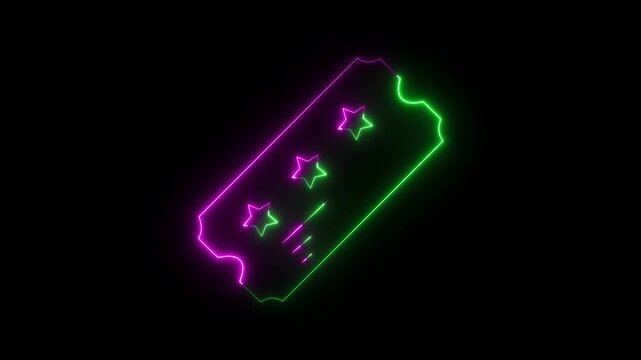 Abstract glowing neon ticket animation with stars and dashes in vibrant pink and green on a black background, event access, entertainment, show entry, or movie pass