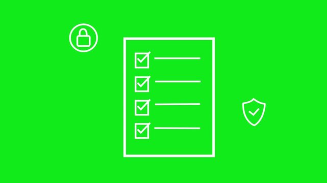 Collection of line art checklist animation with checkmarks and cybersecurity icons on a green background, security, privacy, compliance, data protection, or secure checklist