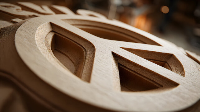 A close-up view of a wooden peace sign with a blurred background