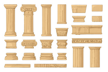 Collection of architectural columns and elements in various designs for art and design projects