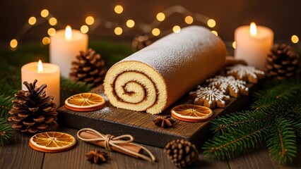 Festive Yule Log Dessert with Candles and Spices.