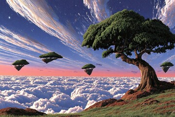 Dreamscape Flying islands & trees above clouds, starry night sky