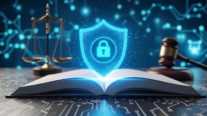 Open Book Scales of Justice and Cybersecurity Shield.