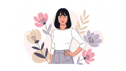 Confident woman standing with colorful floral backdrop.