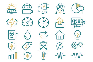 Fototapeta premium Collection of energy and power icons showing various energy sources and usage measurements for graphic design projects
