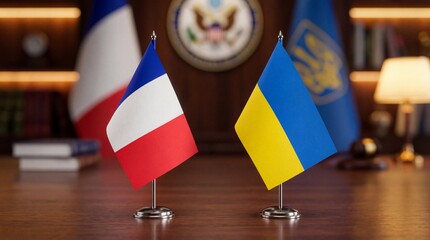 Two small flags of France and Ukraine on a wooden table in an office setting