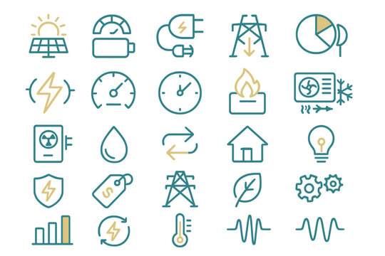 Collection of energy and power icons showing various energy sources and usage measurements for graphic design projects