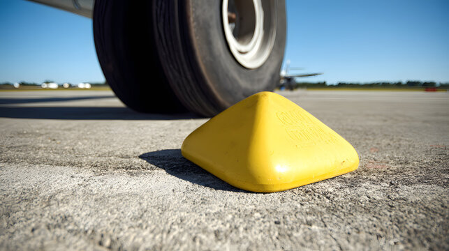 chock. A bright yellow rubber wheel chock secured against an aircraft tire on the tarmac. mobility guides, transit brochures, designed for mobility and urban transit guides, used by researchers.