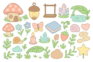 Cute collection of nature-themed elements in pastel colors for creative projects and crafts