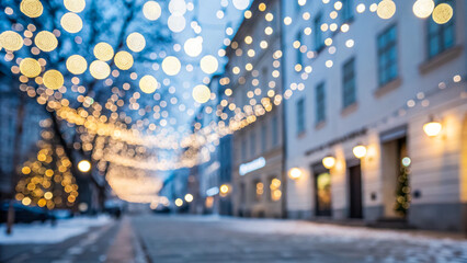 A city street decorated with festive lights and Christmas decorations in winter