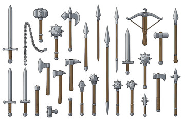 Various types of weapons displayed on a white background for reference and design purposes